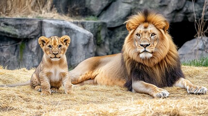 Obraz premium Father and baby lion horizontal portrait with the male lion lying on yellow dry grass and the lion cub standing closely next to him. 