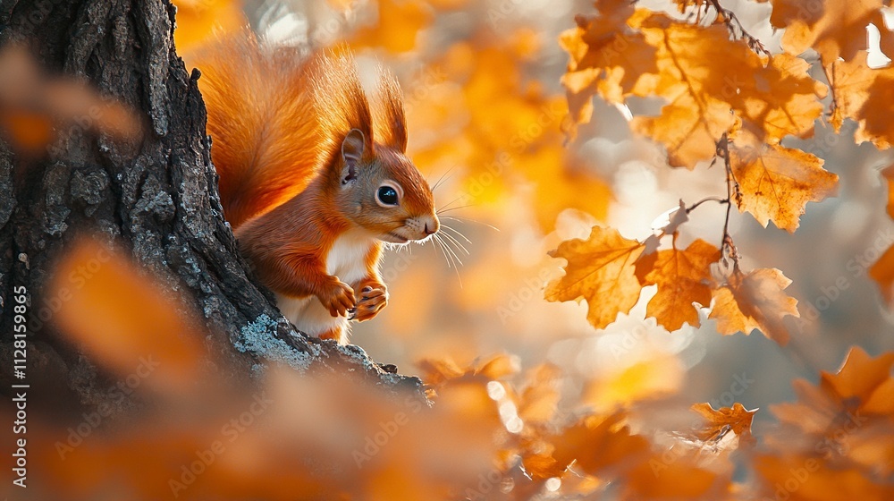 Poster the eurasian red squirrel (sciurus vulgaris) looking from behind a tree. beautiful autumn colors, de