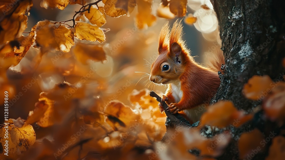 Poster the eurasian red squirrel (sciurus vulgaris) looking from behind a tree. beautiful autumn colors, de