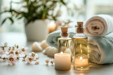 A serene spa environment, with soft lighting, essential oils, and candles, where a person is receiving a relaxing massage as part of their wellness routine.