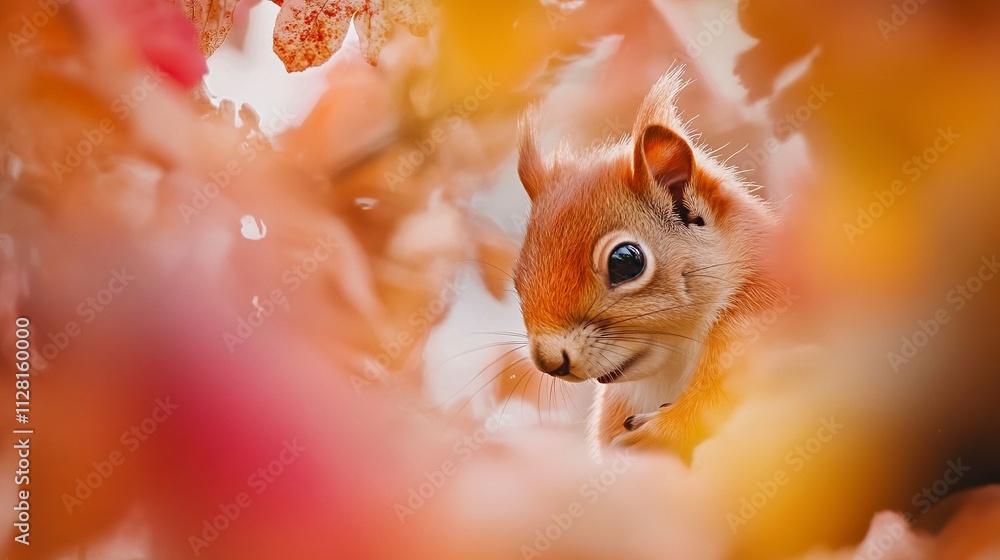Poster the eurasian red squirrel (sciurus vulgaris) looking from behind a tree. beautiful autumn colors, de
