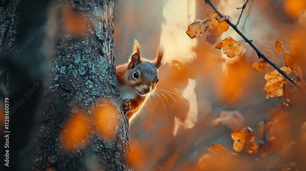 Poster the eurasian red squirrel (sciurus vulgaris) looking from behind a tree. beautiful autumn colors, de