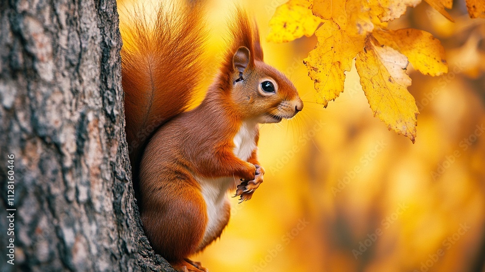 Poster the eurasian red squirrel (sciurus vulgaris) looking from behind a tree. beautiful autumn colors, de