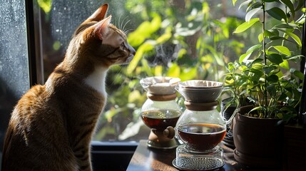 Curious cat watching pour over coffee brewing near window.