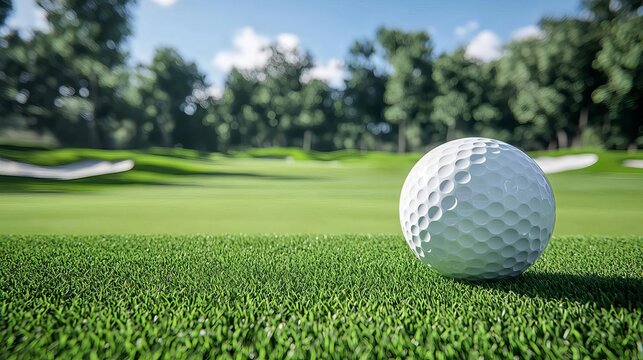 A close-up view of a golf ball resting on lush green grass, showcasing a serene golf course landscape.