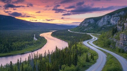 Obraz premium Highway with winding curves along a scenic river, forested landscape, gentle sunset colors,