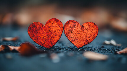 Obraz premium Hearts symbolize love and connection on Valentine's Day amidst fallen leaves in nature