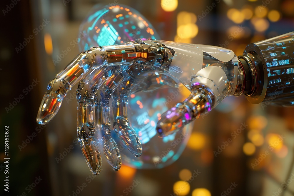 Poster close-up of a robotic hand interacting with a translucent holographic interface.