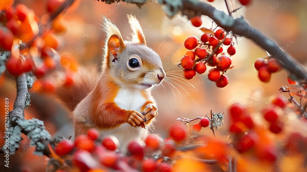 Poster the eurasian red squirrel (sciurus vulgaris) looking from behind a tree. beautiful autumn colors, de