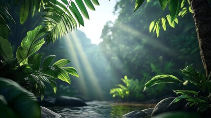 A tranquil jungle scene with sunlight filtering through lush greenery, highlighting the serene beauty of nature's untouched landscape.