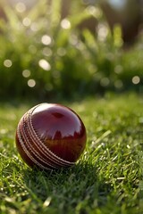 A cricket ball sitting perfectly on a lush grass field.