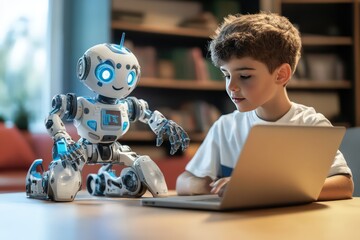 A student programming a robot using a laptop, with the robot in front of them performing simple tasks like moving or picking up objects, illustrating the practical application of STEM education.
