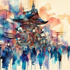 Traditional Japanese Festival Parade in Vibrant Abstract Watercolor Style with Generative AI.