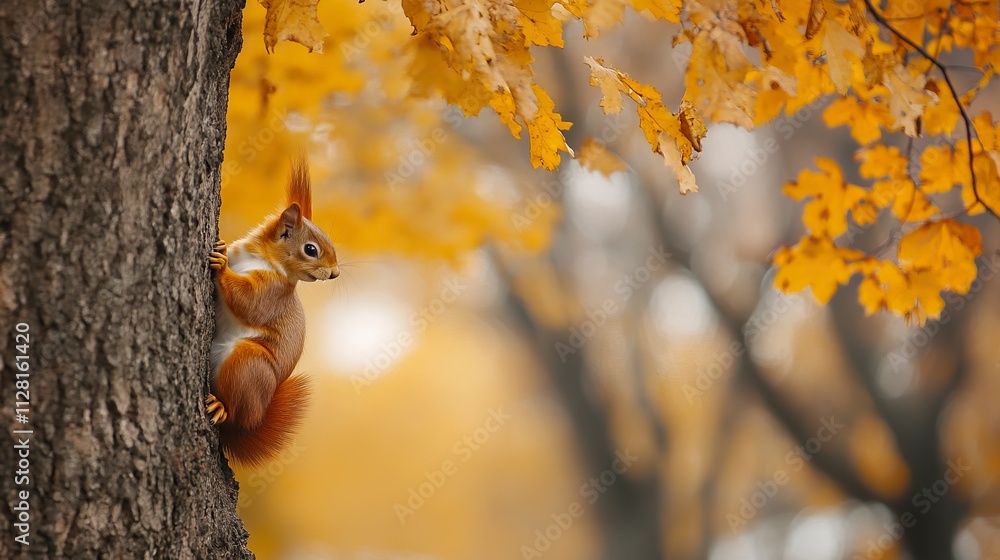 Poster the eurasian red squirrel (sciurus vulgaris) looking from behind a tree. beautiful autumn colors, de