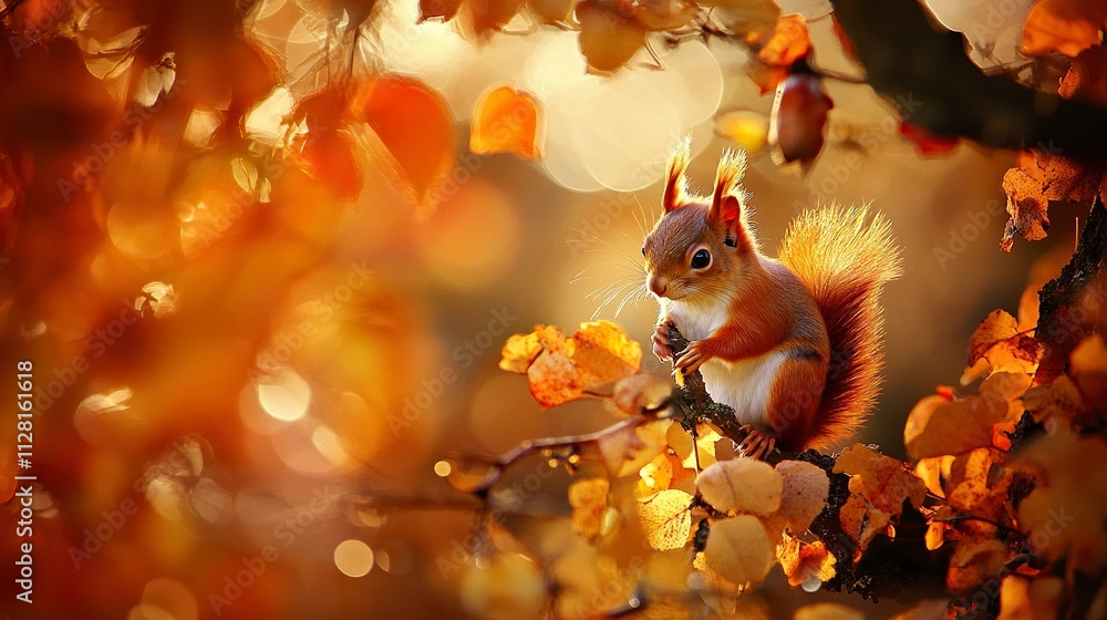 Poster the eurasian red squirrel (sciurus vulgaris) looking from behind a tree. beautiful autumn colors, de