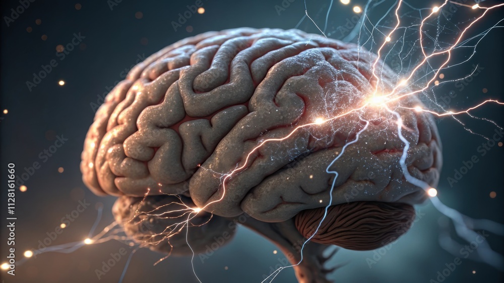 Poster a macro photograph capturing the delicate surface of a brain where tiny electric sparks dance betwee