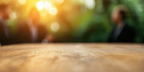 Obraz premium A blurred image of a business meeting captures the essence of professional discussions around a wooden table, emphasizing collaboration and shared ideas in a dynamic environment.