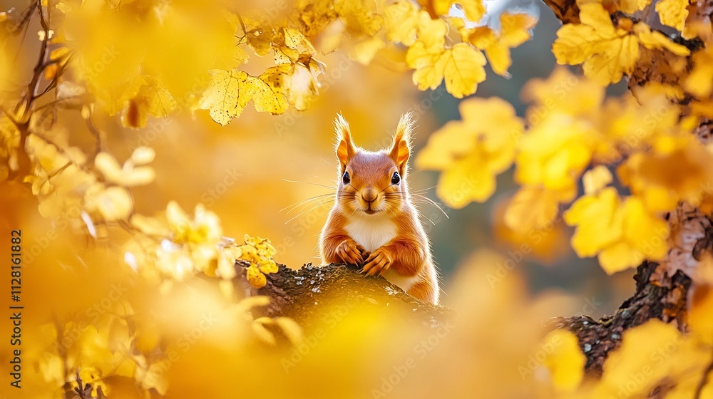 Poster the eurasian red squirrel (sciurus vulgaris) looking from behind a tree. beautiful autumn colors, de
