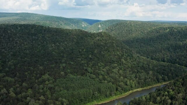 The Southern Urals, the Zilim River In the mountain gorge. Aerial view.