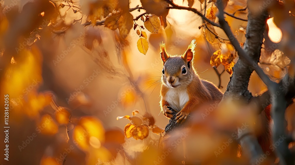 Poster the eurasian red squirrel (sciurus vulgaris) looking from behind a tree. beautiful autumn colors, de
