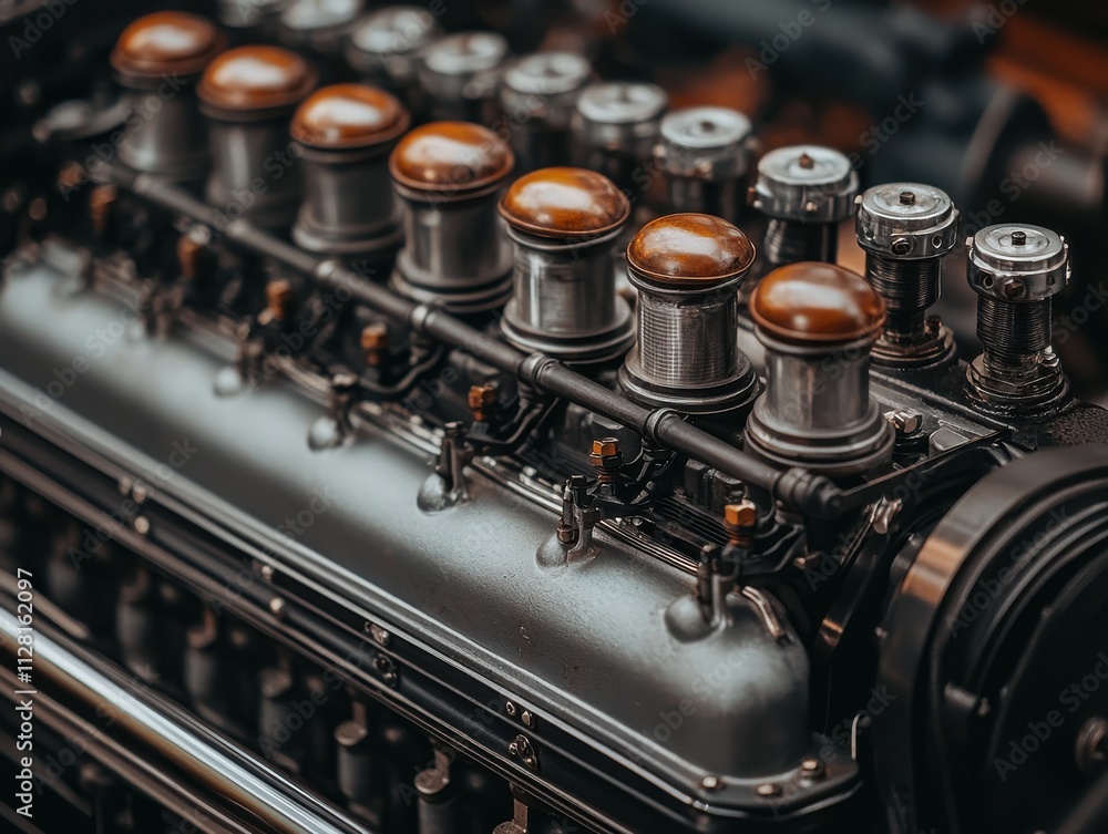 Poster dynamic engine components vintage factory mechanical close-up industrial setting top-down view engin