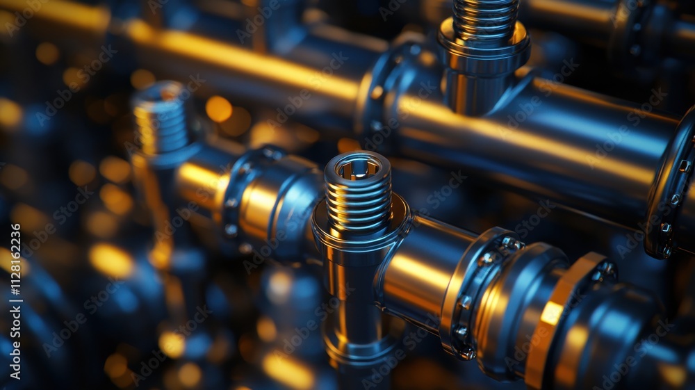 Poster industrial pipe connection assembly workshop close-up mechanical environment technical viewpoint eng