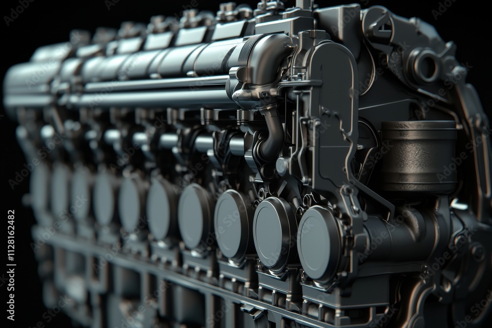 Poster engine component design industrial workshop 3d render dark background close-up mechanical innovation
