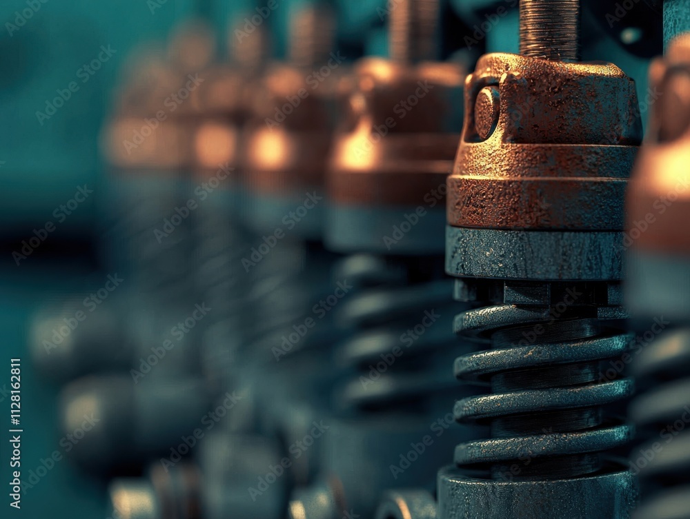 Poster precision engineering action industrial workshop mechanical components close-up professional environ