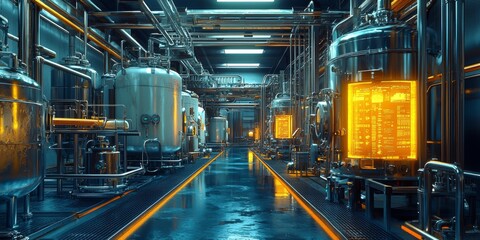 Obraz premium Futuristic Biomanufacturing Facility Industrial Tanks Pipes High Tech Displays