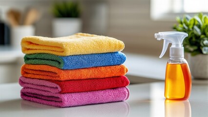 Colorful microfiber cleaning cloths stacked with a spray bottle on a kitchen counter