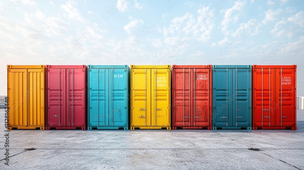 Poster colorful shipping containers standing in a row on a clear day in an urban environment