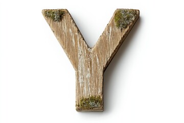 Fototapeta premium Bold rustic wooden capital letter Y, aged oak wood, moss growing in crevices, white background