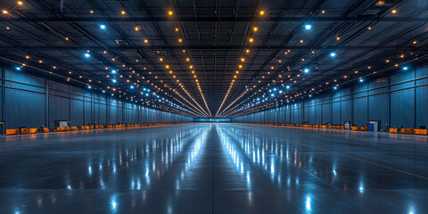 Vast industrial warehouse illuminated by bright lights reflecting on polished concrete floor