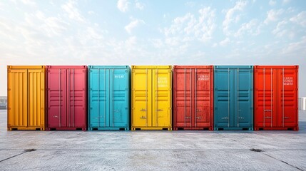 Colorful shipping containers standing in a row on a clear day in an urban environment