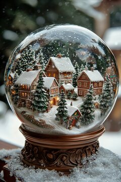 A snow globe with a quiet village covered in snow. Small houses and trees are surrounded by a snowy atmosphere, Generative AI