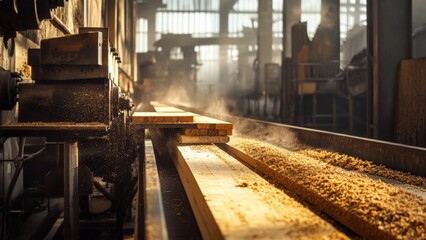 Obraz premium Wood processing in a sawmill with machinery and sawdust