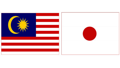 Malaysia national flag with japan Official flag, both countries flags are in Horizontal shape and isolated on white background. Rectangular colorful design Flag with together.	