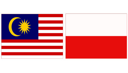Malaysia national flag with Poland Official flag, both countries flags are in Horizontal shape and isolated on white background. Rectangular colorful design Flag with together.	