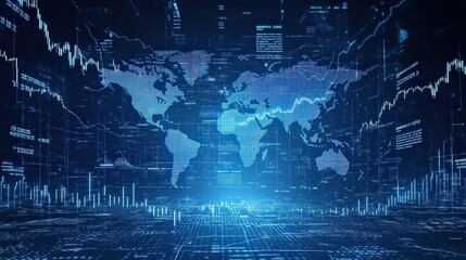 Global technology economy network. Digital data visualization on a world map with analytics and chart elements. Blue futuristic interface for finance and business applications.