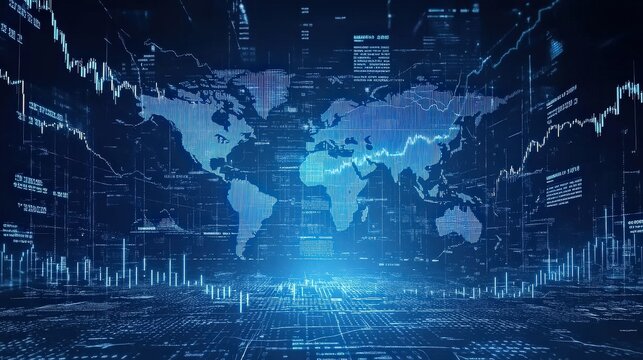 Fototapeta Global technology economy network. Digital data visualization on a world map with analytics and chart elements. Blue futuristic interface for finance and business applications.