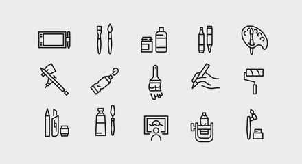Art and painting icons. 15 art and painting trendy minimal icons. Palette, Paintbrush, Easel, Spray Can icon. Design signs for web page, mobile app, packaging design. Vector illustration.