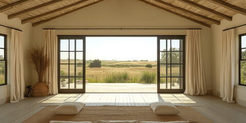 Spacious interior view with large windows overlooking a grassy field in bright daylight