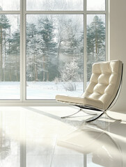 Modern white chair by large window reveals snowy forest landscape during winter morning