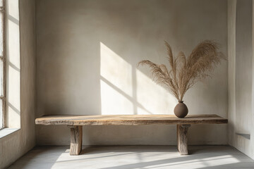 Natural light illuminates minimalist interior with rustic bench and dried flowers