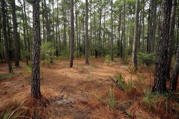 Obraz premium Serene Pine Forest: Tall Trees, Needle-Covered Ground