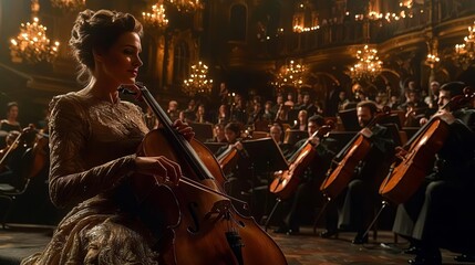 Fototapeta premium A captivating performance in an opulent setting, showcasing a musician skillfully playing the cello amidst a full orchestra.