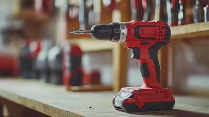 A close-up view of a red cordless drill placed on a wooden workbench in a workshop, ideal for home improvement projects.