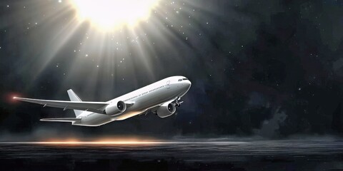 Airplane flight as it ascends in sky. Aviation journey with sunlight on wings. Travel across horizon, dynamic atmosphere, fit for transportation theme. Sunlight on sleek outline, airliner ascent,
