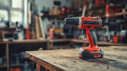 A modern cordless drill placed on a workbench in a workshop, illustrating tools for construction and DIY projects.