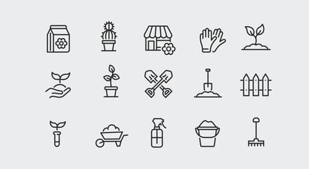 Garden icons set. A collection of 15 essential gardening symbols including tools, plants, and equipment, ideal for landscaping themes, horticultural websites. Vector illustration
